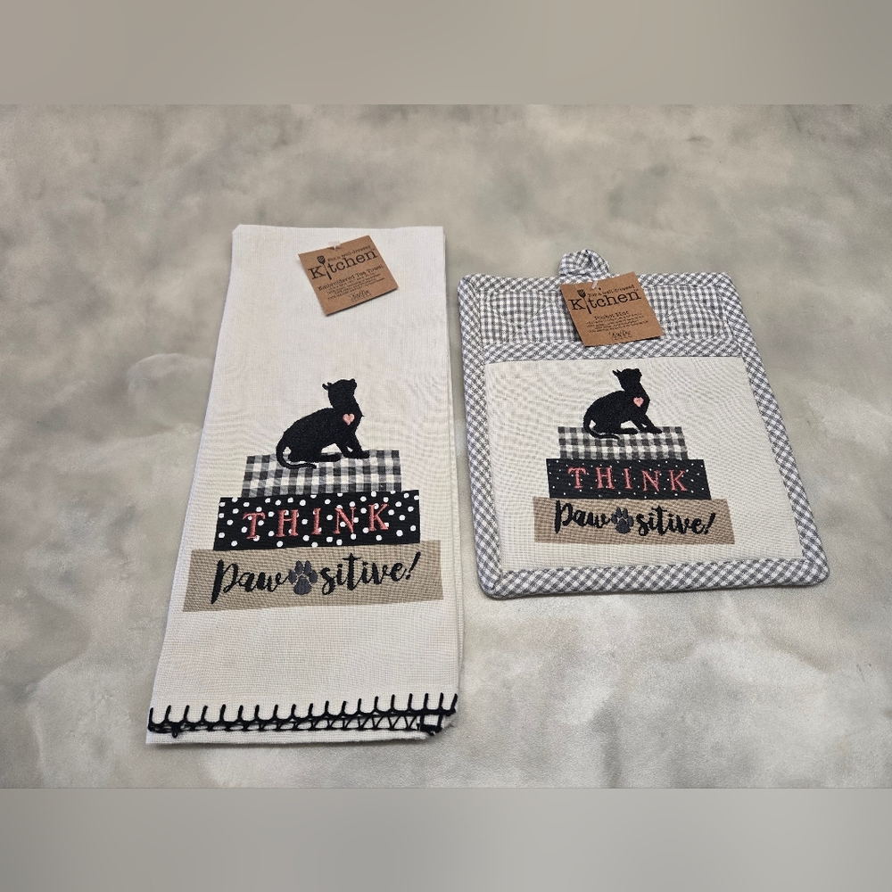 For A Well Dressed Kitchen-Black/White Print Cat Kitchen Towel Set
